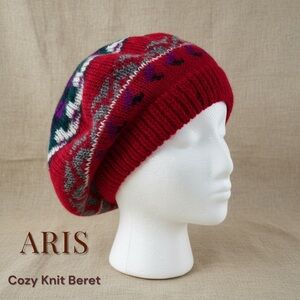 Aris Knit Slouch Beret Red Multicolor Geometric Made in USA